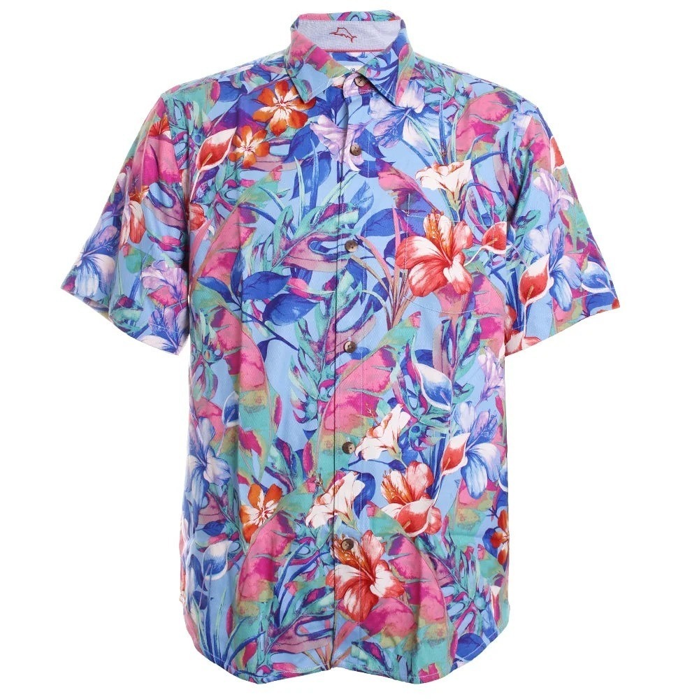 Tommy Bahama Mens Blue Pink Tropical Hibiscus Palm Print Short Sleeve Shirt